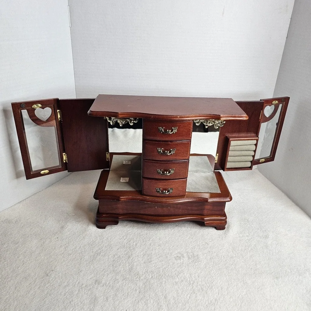 Wood Jewelry Box Chest w/ Mirror, Velvet Lined, Ring Holder, Heart, Brown